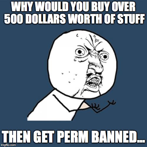 Y U No Meme | WHY WOULD YOU BUY OVER 500 DOLLARS WORTH OF STUFF; THEN GET PERM BANNED... | image tagged in memes,y u no | made w/ Imgflip meme maker