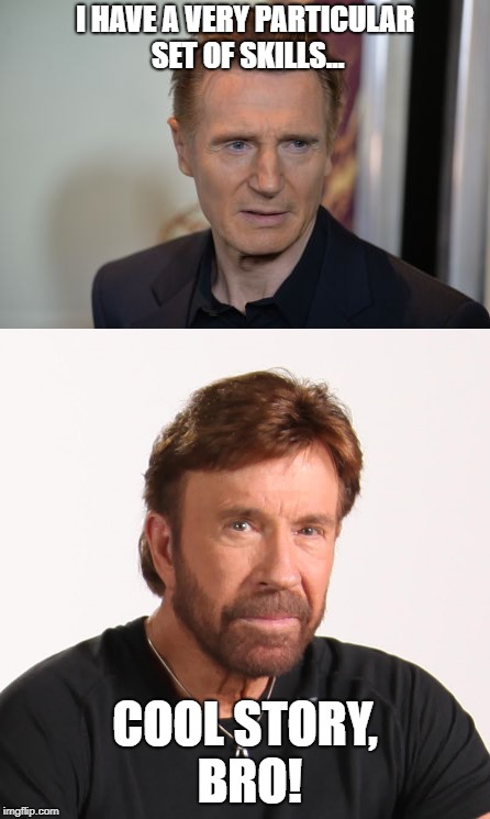 Liam Neeson vs Chuck Norris | I HAVE A VERY PARTICULAR SET OF SKILLS... COOL STORY, BRO! | image tagged in skills,chuck norris,liam neeson | made w/ Imgflip meme maker