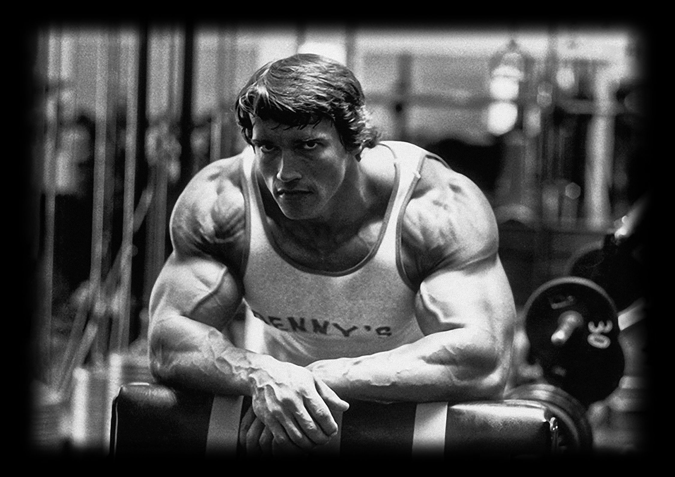 High Quality Arnold Schwarzenegger at Gym Leaning Over Bench B&W Photo Blank Meme Template