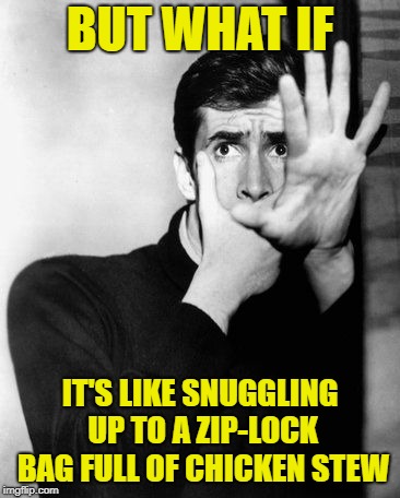 psycho | BUT WHAT IF IT'S LIKE SNUGGLING UP TO A ZIP-LOCK BAG FULL OF CHICKEN STEW | image tagged in psycho | made w/ Imgflip meme maker