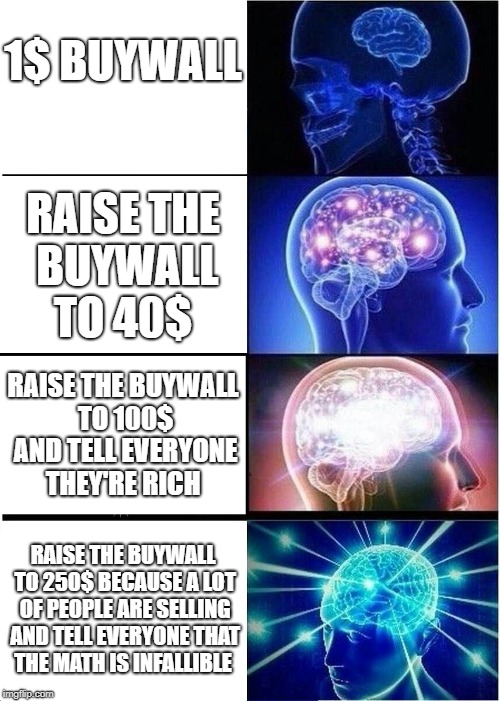 Expanding Brain Meme | 1$ BUYWALL; RAISE THE BUYWALL TO 40$; RAISE THE BUYWALL TO 100$ AND TELL EVERYONE THEY'RE RICH; RAISE THE BUYWALL TO 250$ BECAUSE A LOT OF PEOPLE ARE SELLING AND TELL EVERYONE THAT THE MATH IS INFALLIBLE | image tagged in memes,expanding brain | made w/ Imgflip meme maker