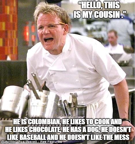 Chef Gordon Ramsay Meme | “HELLO, THIS IS MY COUSIN .”; HE IS COLOMBIAN, HE LIKES TO COOK AND HE LIKES CHOCOLATE, HE HAS A DOG, HE DOESN’T LIKE BASEBALL AND HE DOESN’T LIKE THE MESS | image tagged in memes,chef gordon ramsay | made w/ Imgflip meme maker