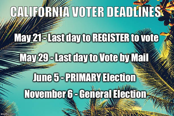 Palms | CALIFORNIA VOTER DEADLINES; May 21 - Last day to REGISTER to vote; May 29 - Last day to Vote by Mail; June 5 - PRIMARY Election; November 6 - General Election | image tagged in palms | made w/ Imgflip meme maker