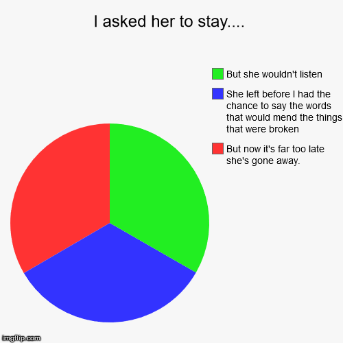 I asked her to stay.... | But now it's far too late she's gone away., She left before I had the chance to say the words that would mend the  | image tagged in funny,pie charts | made w/ Imgflip chart maker