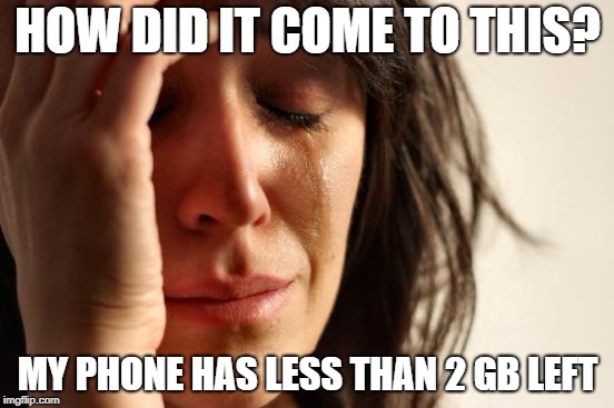 More pressing first world problems. | HOW DID IT COME TO THIS? MY PHONE HAS LESS THAN 2 GB LEFT | image tagged in memes,first world problems | made w/ Imgflip meme maker