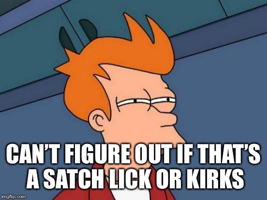 Futurama Fry Meme | CAN’T FIGURE OUT IF THAT’S A SATCH LICK OR KIRKS | image tagged in memes,futurama fry | made w/ Imgflip meme maker