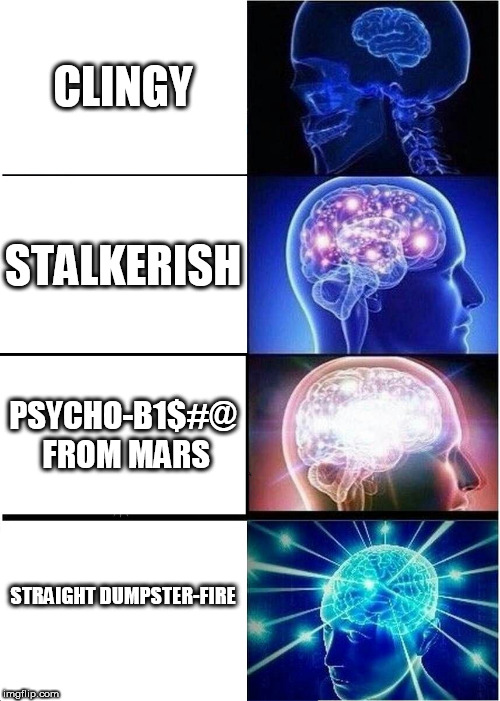 my relationship scale | CLINGY; STALKERISH; PSYCHO-B1$#@ FROM MARS; STRAIGHT DUMPSTER-FIRE | image tagged in memes,expanding brain | made w/ Imgflip meme maker