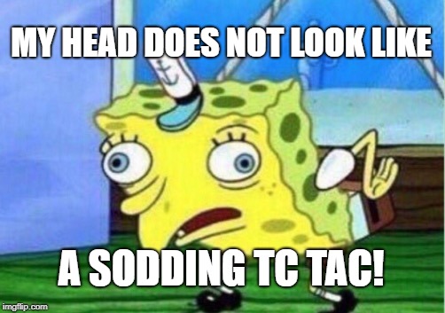Mocking Spongebob Meme | MY HEAD DOES NOT LOOK LIKE; A SODDING TC TAC! | image tagged in memes,mocking spongebob | made w/ Imgflip meme maker