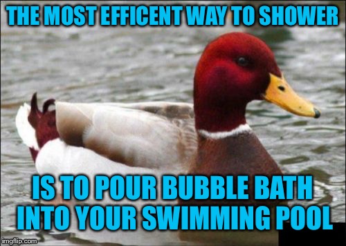 I bet someone has thought of this before | THE MOST EFFICENT WAY TO SHOWER; IS TO POUR BUBBLE BATH INTO YOUR SWIMMING POOL | image tagged in memes,malicious advice mallard,swimming pool,bath,shower,bubble | made w/ Imgflip meme maker