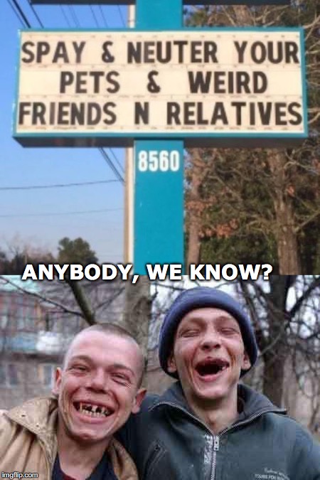 Making the world a better place | ANYBODY, WE KNOW? | image tagged in ugly twins,fixed | made w/ Imgflip meme maker