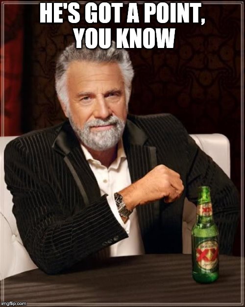 The Most Interesting Man In The World Meme | HE'S GOT A POINT, YOU KNOW | image tagged in memes,the most interesting man in the world | made w/ Imgflip meme maker