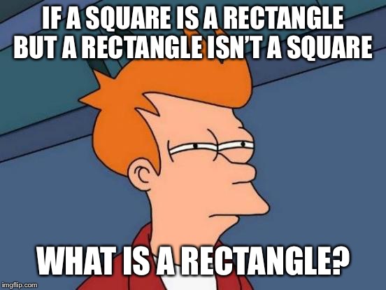 Futurama Fry Meme | IF A SQUARE IS A RECTANGLE BUT A RECTANGLE ISN’T A SQUARE; WHAT IS A RECTANGLE? | image tagged in memes,futurama fry | made w/ Imgflip meme maker