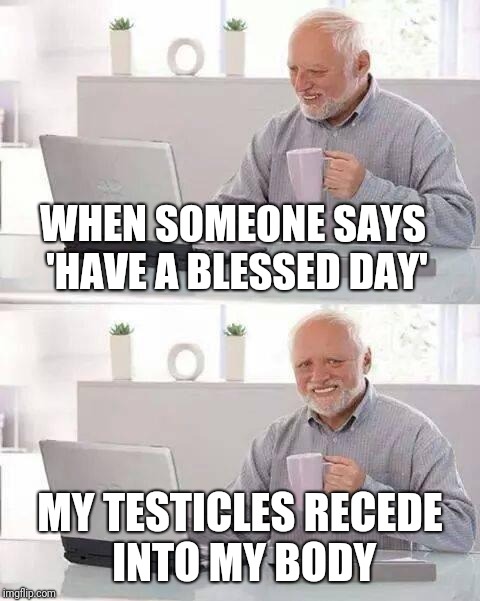 Hide the Pain Harold Meme | WHEN SOMEONE SAYS 'HAVE A BLESSED DAY'; MY TESTICLES RECEDE INTO MY BODY | image tagged in memes,hide the pain harold,nsfw | made w/ Imgflip meme maker
