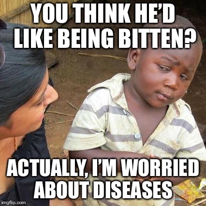 Third World Skeptical Kid Meme | YOU THINK HE’D LIKE BEING BITTEN? ACTUALLY, I’M WORRIED ABOUT DISEASES | image tagged in memes,third world skeptical kid | made w/ Imgflip meme maker