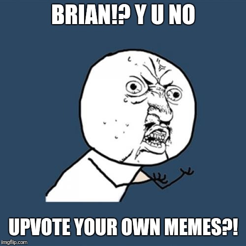 Y U No Meme | BRIAN!? Y U NO UPVOTE YOUR OWN MEMES?! | image tagged in memes,y u no | made w/ Imgflip meme maker