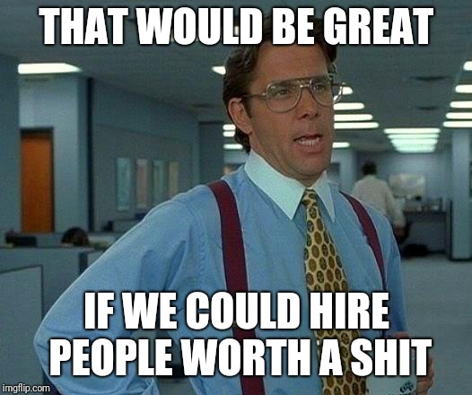Work meme fun | THAT WOULD BE GREAT; IF WE COULD HIRE PEOPLE WORTH A SHIT | image tagged in memes,that would be great | made w/ Imgflip meme maker