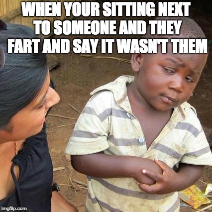 Third World Skeptical Kid Meme | WHEN YOUR SITTING NEXT TO SOMEONE AND THEY FART AND SAY IT WASN'T THEM | image tagged in memes,third world skeptical kid | made w/ Imgflip meme maker