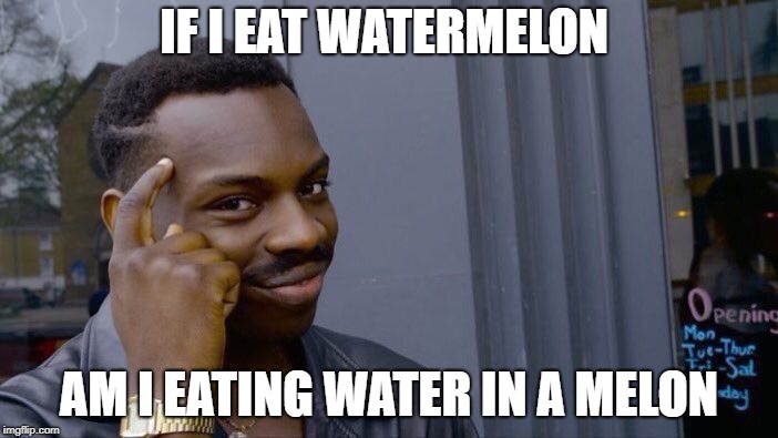 Roll Safe Think About It Meme | IF I EAT WATERMELON; AM I EATING WATER IN A MELON | image tagged in memes,roll safe think about it | made w/ Imgflip meme maker