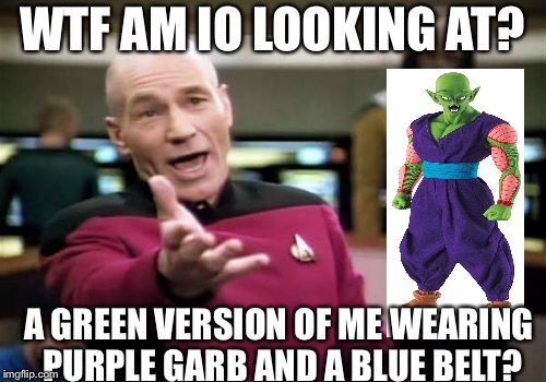 Picard Wtf Meme | WTF AM IO LOOKING AT? A GREEN VERSION OF ME WEARING PURPLE GARB AND A BLUE BELT? | image tagged in memes,picard wtf | made w/ Imgflip meme maker