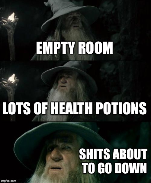 Confused Gandalf Meme | EMPTY ROOM; LOTS OF HEALTH POTIONS; SHITS ABOUT TO GO DOWN | image tagged in memes,confused gandalf | made w/ Imgflip meme maker