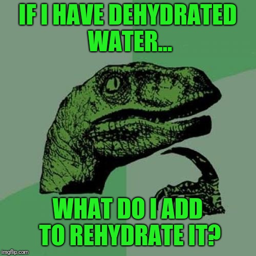 Questions like this kept me out of the good schools... | IF I HAVE DEHYDRATED WATER... WHAT DO I ADD TO REHYDRATE IT? | image tagged in memes,philosoraptor | made w/ Imgflip meme maker