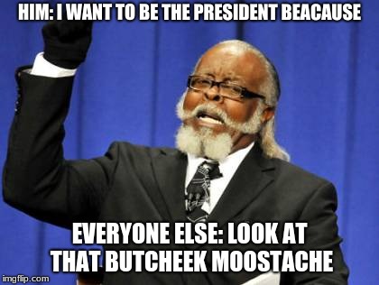butcheek moostache | HIM: I WANT TO BE THE PRESIDENT BEACAUSE; EVERYONE ELSE: LOOK AT THAT BUTCHEEK MOOSTACHE | image tagged in memes,too damn high | made w/ Imgflip meme maker