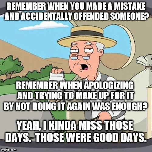 social justice warriors slaughtered the concept of forgiveness. | REMEMBER WHEN YOU MADE A MISTAKE AND ACCIDENTALLY OFFENDED SOMEONE? REMEMBER WHEN APOLOGIZING AND TRYING TO MAKE UP FOR IT BY NOT DOING IT AGAIN WAS ENOUGH? YEAH, I KINDA MISS THOSE DAYS.  THOSE WERE GOOD DAYS. | image tagged in memes,pepperidge farm remembers | made w/ Imgflip meme maker