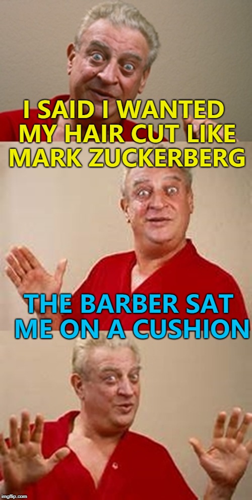 You'd think a billionaire would be able to get the table lowered... :) | I SAID I WANTED MY HAIR CUT LIKE MARK ZUCKERBERG; THE BARBER SAT ME ON A CUSHION | image tagged in bad pun dangerfield,memes,mark zuckerberg,haircut | made w/ Imgflip meme maker