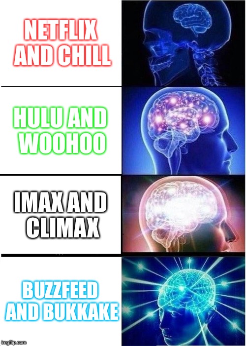 Expanding Brain | NETFLIX AND CHILL; HULU AND WOOHOO; IMAX AND CLIMAX; BUZZFEED AND BUKKAKE | image tagged in memes,expanding brain | made w/ Imgflip meme maker