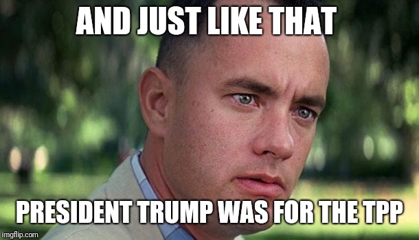 Flip-flopper | AND JUST LIKE THAT; PRESIDENT TRUMP WAS FOR THE TPP | image tagged in forest gump | made w/ Imgflip meme maker