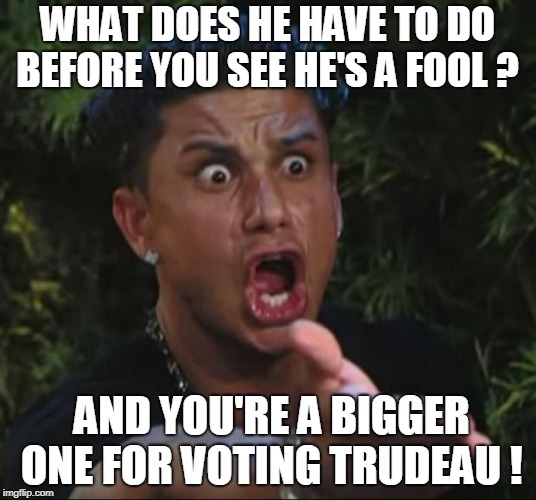 DJ Pauly D | WHAT DOES HE HAVE TO DO BEFORE YOU SEE HE'S A FOOL ? AND YOU'RE A BIGGER ONE FOR VOTING TRUDEAU ! | image tagged in memes,dj pauly d | made w/ Imgflip meme maker