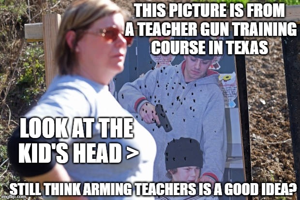 Arming Teachers | THIS PICTURE IS FROM A TEACHER GUN TRAINING COURSE IN TEXAS; LOOK AT THE KID'S HEAD >; STILL THINK ARMING TEACHERS IS A GOOD IDEA? | image tagged in nra,teachers,guns | made w/ Imgflip meme maker