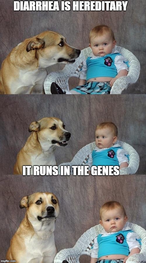 That Joke... Stinks | DIARRHEA IS HEREDITARY; IT RUNS IN THE GENES | image tagged in memes,dad joke dog | made w/ Imgflip meme maker