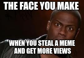 Kevin Hart Meme |  THE FACE YOU MAKE; WHEN YOU STEAL A MEME AND GET MORE VIEWS | image tagged in memes,kevin hart the hell | made w/ Imgflip meme maker