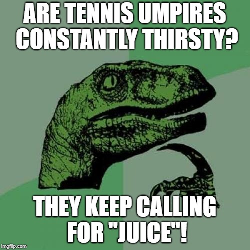 Philosoraptor Meme |  ARE TENNIS UMPIRES CONSTANTLY THIRSTY? THEY KEEP CALLING FOR "JUICE"! | image tagged in memes,philosoraptor | made w/ Imgflip meme maker