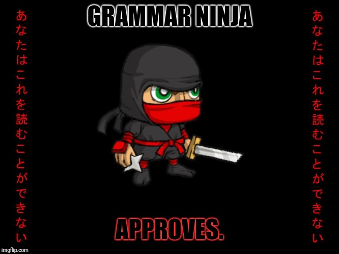 Clever ninja | GRAMMAR NINJA APPROVES. | image tagged in clever ninja | made w/ Imgflip meme maker