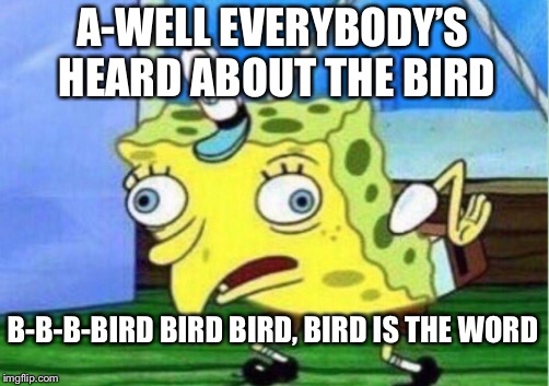 Mocking Spongebob Meme | A-WELL EVERYBODY’S HEARD ABOUT THE BIRD; B-B-B-BIRD BIRD BIRD, BIRD IS THE WORD | image tagged in memes,mocking spongebob | made w/ Imgflip meme maker