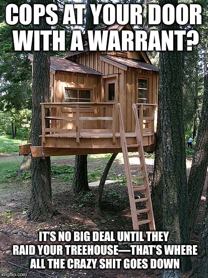 Everyone who grew up with a treehouse can relate | COPS AT YOUR DOOR WITH A WARRANT? IT’S NO BIG DEAL UNTIL THEY RAID YOUR TREEHOUSE—THAT’S WHERE ALL THE CRAZY SHIT GOES DOWN | image tagged in maga | made w/ Imgflip meme maker