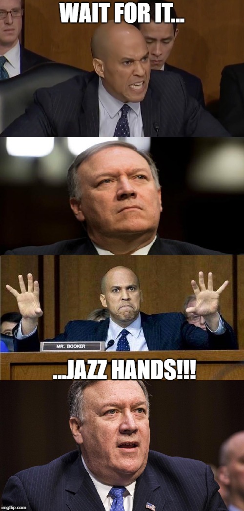 Corey vs. Mike | WAIT FOR IT... ...JAZZ HANDS!!! | image tagged in corey booker,mike pompeo,gay,liberal vs conservative,liberal logic,liberals | made w/ Imgflip meme maker