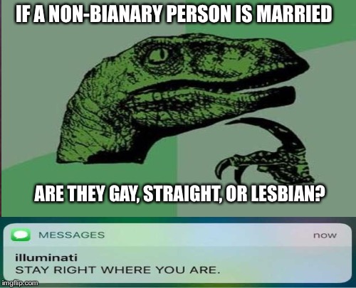 Could it be... | IF A NON-BIANARY PERSON IS MARRIED; ARE THEY GAY, STRAIGHT, OR LESBIAN? | image tagged in illuminati | made w/ Imgflip meme maker