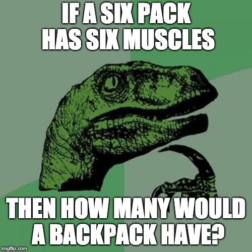 Philosoraptor | IF A SIX PACK HAS SIX MUSCLES; THEN HOW MANY WOULD A BACKPACK HAVE? | image tagged in memes,philosoraptor | made w/ Imgflip meme maker