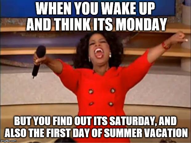 Oprah You Get A | WHEN YOU WAKE UP AND THINK ITS MONDAY; BUT YOU FIND OUT ITS SATURDAY, AND ALSO THE FIRST DAY OF SUMMER VACATION | image tagged in memes,oprah you get a | made w/ Imgflip meme maker