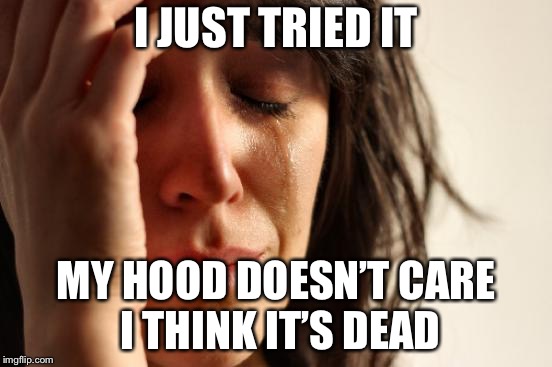 First World Problems Meme | I JUST TRIED IT MY HOOD DOESN’T CARE I THINK IT’S DEAD | image tagged in memes,first world problems | made w/ Imgflip meme maker