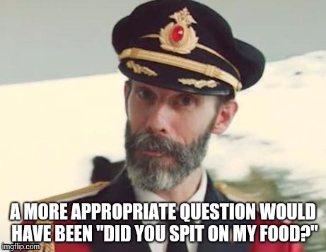 Capt Obvious  | A MORE APPROPRIATE QUESTION WOULD HAVE BEEN "DID YOU SPIT ON MY FOOD?" | image tagged in capt obvious | made w/ Imgflip meme maker