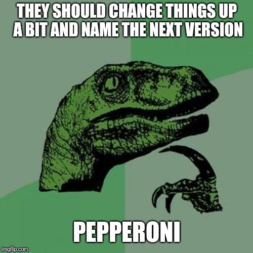 Philosoraptor Meme | THEY SHOULD CHANGE THINGS UP A BIT AND NAME THE NEXT VERSION PEPPERONI | image tagged in memes,philosoraptor | made w/ Imgflip meme maker