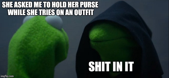 Evil Kermit | SHE ASKED ME TO HOLD HER PURSE WHILE SHE TRIES ON AN OUTFIT; SHIT IN IT | image tagged in memes,evil kermit,nsfw | made w/ Imgflip meme maker