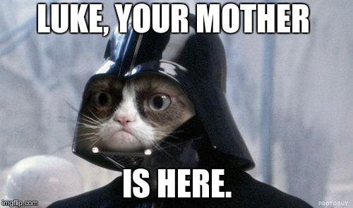 Grumpy Cat Star Wars | LUKE, YOUR MOTHER; IS HERE. | image tagged in memes,grumpy cat star wars,grumpy cat | made w/ Imgflip meme maker