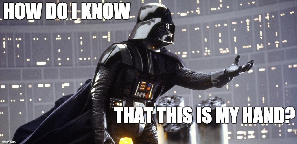 Darth Vader after reading Wittgenstein | HOW DO I KNOW; THAT THIS IS MY HAND? | image tagged in wittgenstein,darth vader,epistemology,philosophy,philosophical investigations | made w/ Imgflip meme maker