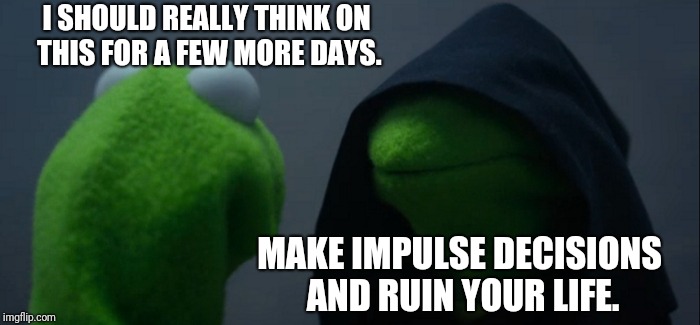 Evil Kermit | I SHOULD REALLY THINK ON THIS FOR A FEW MORE DAYS. MAKE IMPULSE DECISIONS AND RUIN YOUR LIFE. | image tagged in memes,evil kermit | made w/ Imgflip meme maker