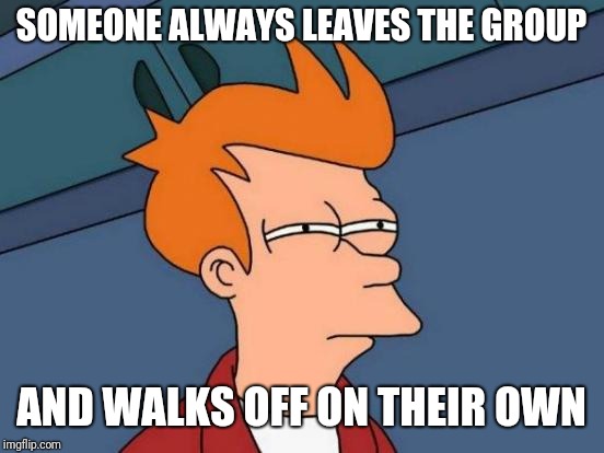 Futurama Fry Meme | SOMEONE ALWAYS LEAVES THE GROUP AND WALKS OFF ON THEIR OWN | image tagged in memes,futurama fry | made w/ Imgflip meme maker